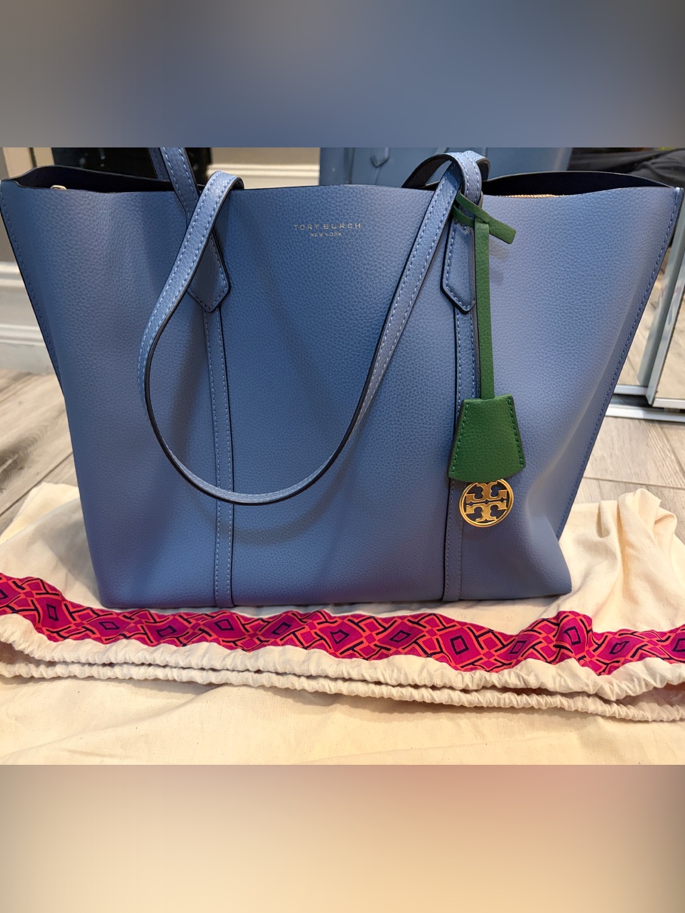 Tory Burch Perry Blue Leather Tote with Green Accent